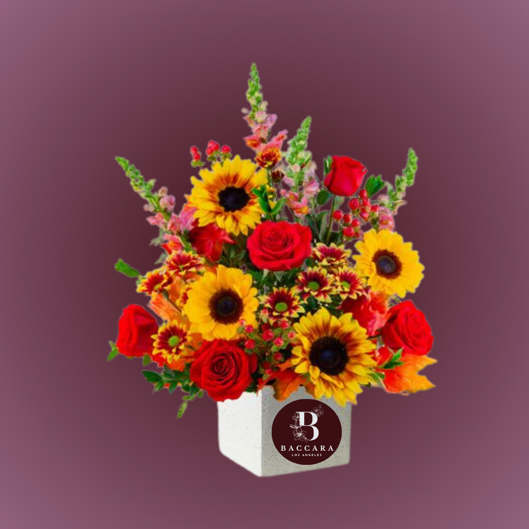Harvest Radiance: Sunflowers & Red Roses Arrangement