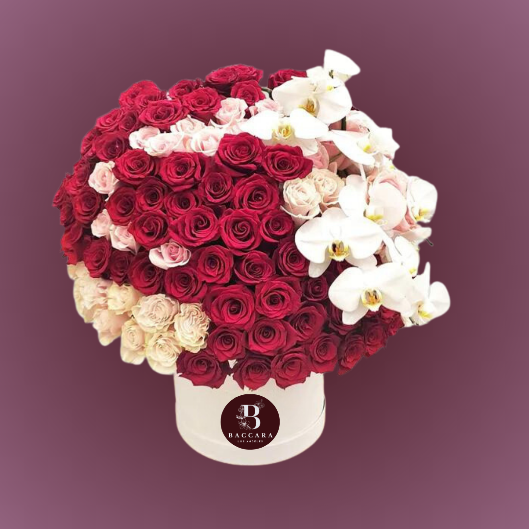 Crimson Elegance: Red Roses & Orchid Box